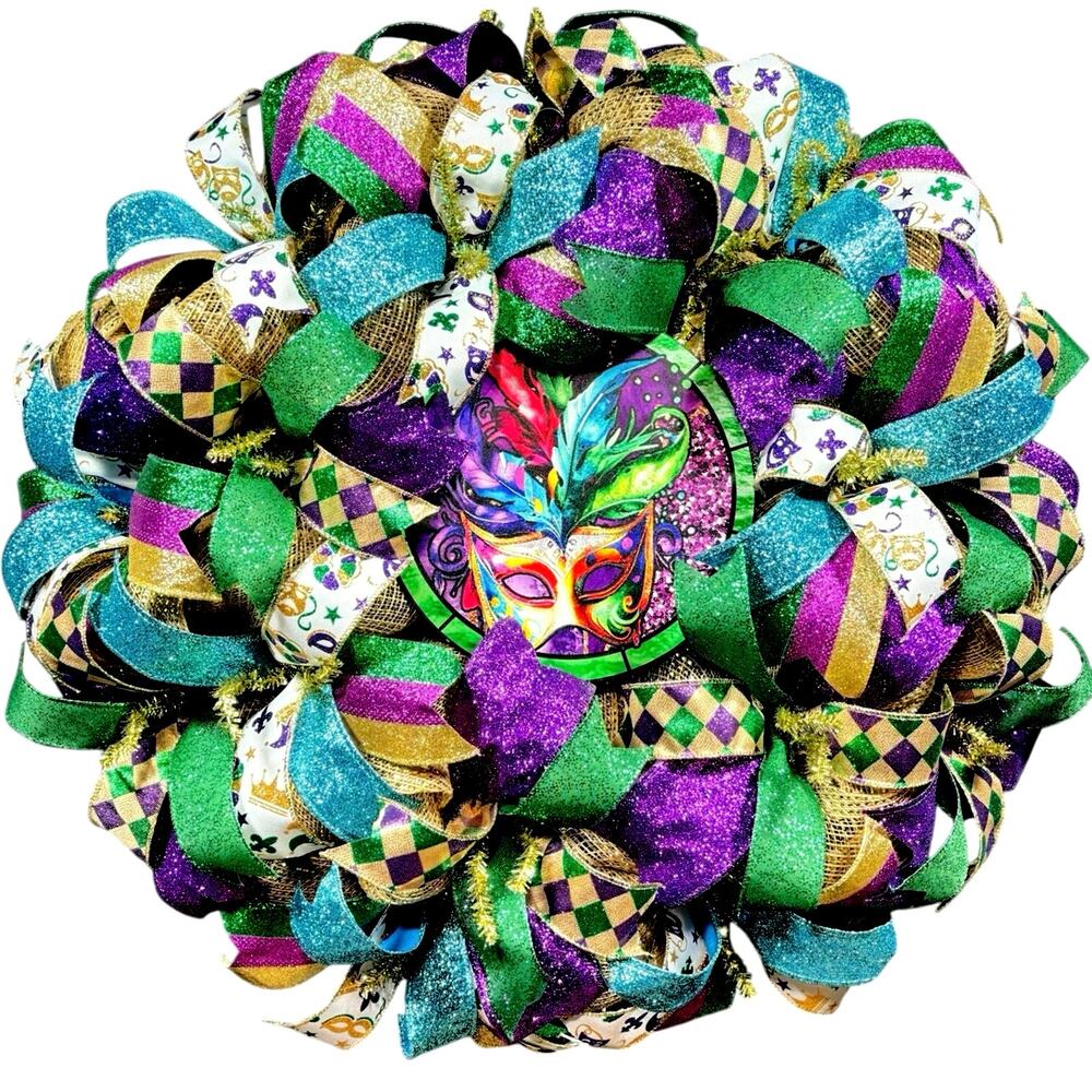 Large Handmade Mardi Gras Front Door Wreath  Fleur De Lis Mask Deco Mesh 24 Inch